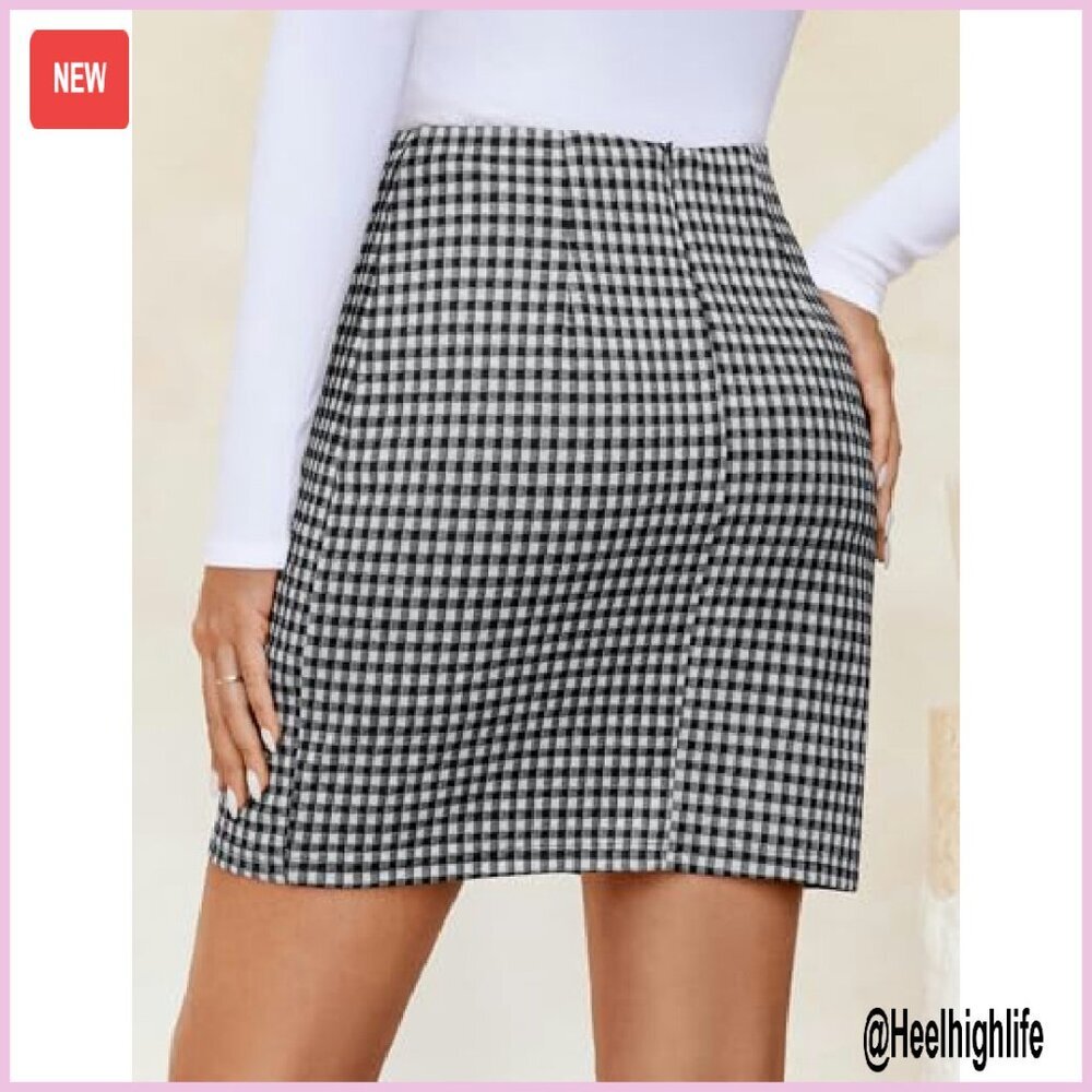 High Waist Plaid Mini Skirt with Built-in Shorts, Bodycon Pencil Fit - Picture 5 of 8